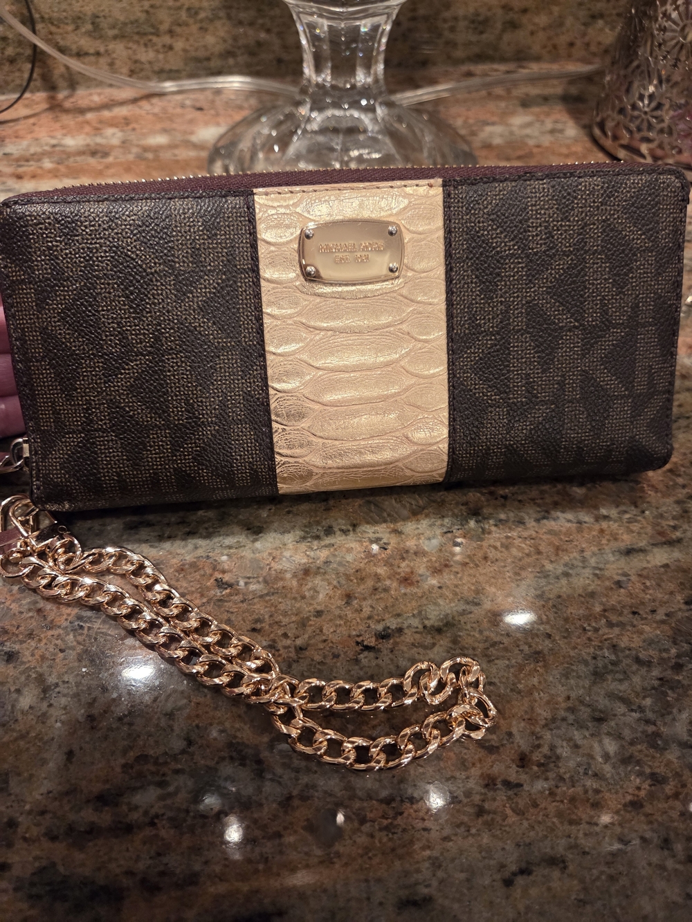 Michael Kors Brown Logo Wallet with Gold Croc Accent and Chain